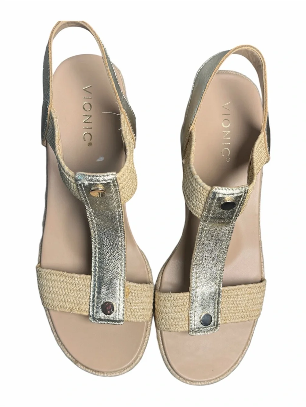 Vionic Calera Sandals with Gold Metallic T-Strap, 9.5